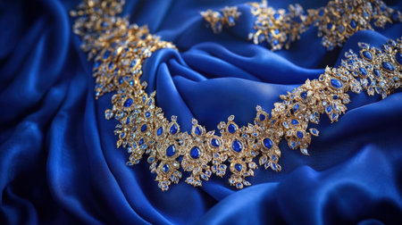 Discover the intricate beauty of this gold and blue necklace set, elegantly placed on sumptuous blue satin, perfect for glamour and sophistication.の素材