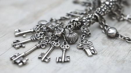 A beautiful close-up image showcasing vintage silver keys with intricate designs, resting on a wooden surface, highlighting their artistic craftsmanship and unique charm.の素材