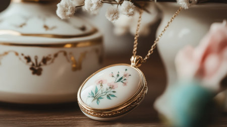 A beautifully crafted vintage floral locket suspended on a delicate chain, set against a backdrop of exquisite porcelain, capturing elegance and nostalgia.の素材