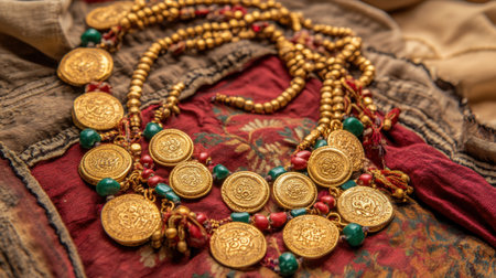 This stunning traditional necklace features ornate gold coins interspersed with colorful beads, showcasing intricate craftsmanship against a rich fabric backdrop.の素材