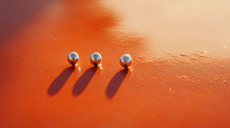 This captivating image showcases three reflective spheres resting on a vibrant orange surface, creating an intriguing play of light and shadow, ideal for artistic use.の素材