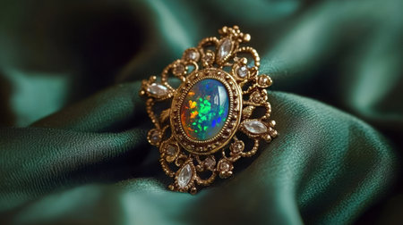 This exquisite vintage brooch features a stunning opal stone radiating vivid colors, set against a lavish green fabric backdrop that enhances its beauty.の素材