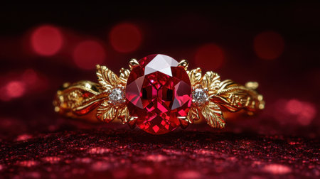 This exquisite gold ring features a vibrant red gemstone surrounded by intricate floral designs, perfect for showcasing luxury and elegance in jewelry.の素材