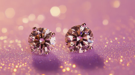 Stunning diamond stud earrings captured against a mesmerizing purple background filled with sparkles and bokeh. A perfect symbol of elegance and luxury.の素材