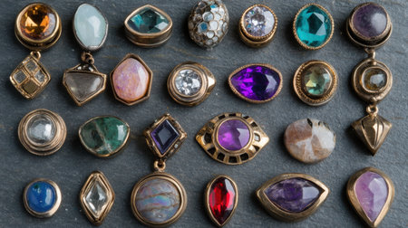 An exquisite array of colorful gemstones and jewelry settings elegantly arranged on a dark slate background, showcasing intricate designs and rich hues.の素材