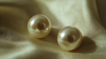 Discover the beauty of two elegant natural pearls resting on soft satin fabric. This image captures the serene elegance and luxury of fine jewelry, perfect for fashion or decor themes.の素材