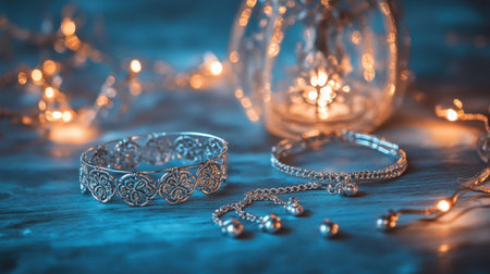 This captivating image showcases elegant silver jewelry pieces with intricate designs and shimmering details, beautifully lit to create a warm and inviting atmosphere.の素材