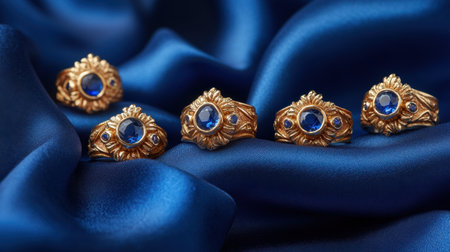 Discover an exquisite display of vintage gold rings adorned with blue gemstones, set on rich satin fabric, showcasing timeless elegance and fine craftsmanship.の素材