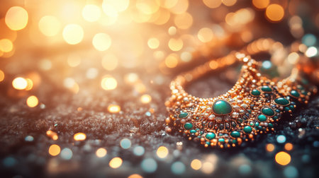 This captivating image showcases exquisite vintage jewelry adorned with turquoise stones, set against a dreamy bokeh background, creating a magical and elegant atmosphere.の素材