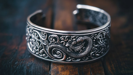 This stunning silver cuff bracelet features an intricate dragon design, showcasing meticulous craftsmanship and artistic detail on a dark wooden surface.の素材
