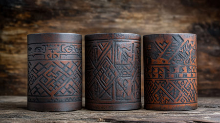A stunning display of traditional handcrafted ceramic containers featuring intricate patterns on a rustic wooden background, perfect for showcasing artistry and culture.の素材