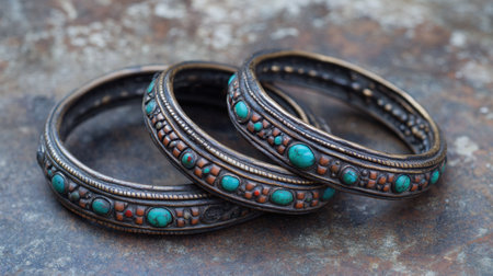 This stunning image showcases a set of three elegant vintage bangles featuring turquoise and copper details, perfect for fashion enthusiasts and collectors.の素材