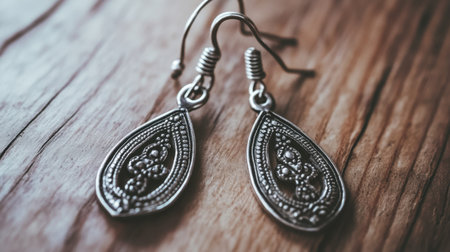 This image features a pair of elegant silver teardrop earrings displaying fine detailing. Beautifully crafted, they rest on a rustic wooden surface, adding charm.の素材