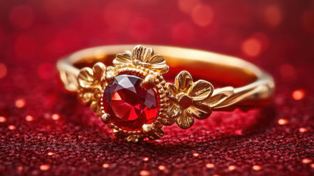 An exquisite gold ring featuring a captivating red gemstone surrounded by delicate floral patterns, set against a sparkling background. Perfect for special occasions.の素材