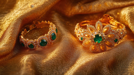This captivating image showcases exquisite golden jewelry, including a bracelet and an ornate crown embellished with green gemstones, set against a luxurious fabric backdrop.の素材