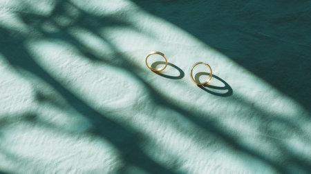 This captivating image features elegant gold rings placed on a softly textured surface, beautifully illuminated by natural light, casting intriguing shadows.の素材