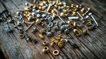 A captivating collection of vintage jewelry findings and craft supplies displayed on a rustic wooden surface, showcasing intricate designs and diverse textures.の素材
