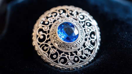 This stunning silver brooch features an intricate filigree design and a striking blue gemstone centerpiece, perfect for adding elegance to any outfit.の素材