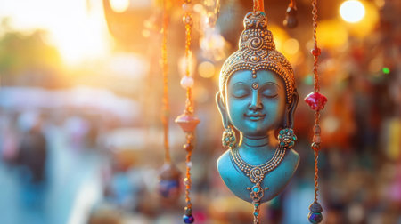 Captivating hanging Buddha sculpture radiating tranquility in a vibrant market setting during a stunning sunset, bringing warmth and serenity.の素材