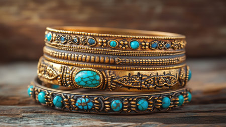 A beautiful arrangement of vintage bangles showcasing intricate designs and vibrant turquoise inlays, creating an elegant and eye-catching accessory collection.の素材