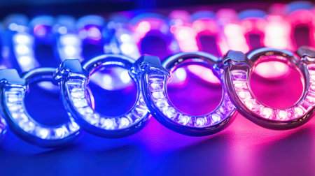 A striking close-up photograph showcasing colorful LED-illuminated metal rings, creating a captivating visual against a dark background perfect for creative projects.の素材