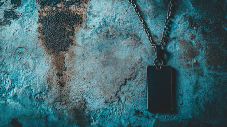 This image showcases a sleek metal necklace with a blank pendant, resting on a textured blue surface, perfect for those seeking customization and unique jewelry ideas.の素材