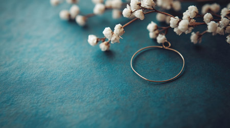 A serene composition featuring a gold hoop earring resting next to soft white flowers on a tranquil blue background, perfect for jewelry inspiration.の素材