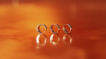 Three sleek silver rings rest on a reflective surface, surrounded by warm lighting. This composition highlights the elegance and beauty of jewelry, perfect for romantic themes.の素材
