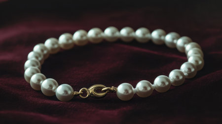 This elegant pearl necklace features a golden clasp, beautifully displayed on rich burgundy velvet. A stunning accessory for special occasions or everyday elegance.の素材