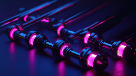 This captivating image showcases a series of futuristic metallic rods illuminated by striking neon pink accents. Set against a dark surface, the composition highlights a modern aesthetic, perfect for technology and design themes.の素材