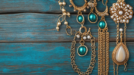 Capture the essence of elegance with this stunning collection of vintage jewelry featuring intricate earrings and necklaces crafted from gold and pearls, displayed on a rustic wooden background.の素材