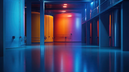 A captivating industrial interior showcases vividly colored tanks illuminated by dynamic lighting. The reflective floor enhances the modern and futuristic atmosphere.の素材