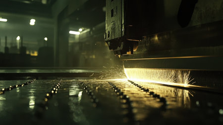 This captivating image showcases the precision cutting process in an industrial workshop, highlighting sparks flying in a dimly lit environment.の素材
