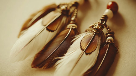 This stunning close-up image features beautifully handcrafted earrings adorned with feathers and beads. The intricate details highlight a blend of rustic elegance and natural beauty, perfect for fashion enthusiasts.の素材