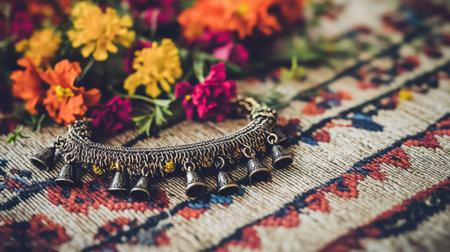 This enchanting close-up features a silver bracelet adorned with bells, set against a vibrant floral arrangement and a beautifully patterned textile backdrop.の素材