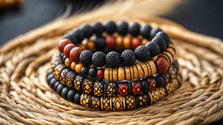A captivating arrangement of handmade bracelets crafted from natural materials, showcasing intricate designs and vibrant colors on a woven surface.の素材