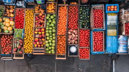 Overhead view of an organized market stall showcasing an array of fresh fruits and vegetables in vibrant colors, highlighting local produce and healthy options.の素材