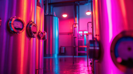 A dynamic industrial scene showcasing metallic storage tanks illuminated by vibrant neon lights, creating an engaging atmosphere with reflections on the wet floor.の素材
