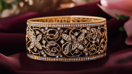 This stunning gold bracelet features an intricate floral design adorned with sparkling diamonds, set against a luxurious fabric backdrop, exuding elegance.の素材