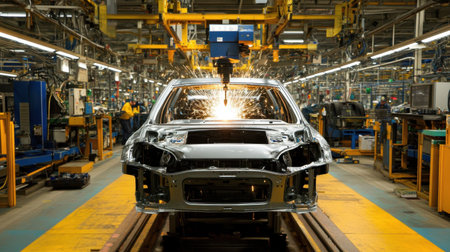 A modern car manufacturing facility showcasing advanced automation technology. A robotic arm efficiently handles welding tasks, creating sparks.の素材
