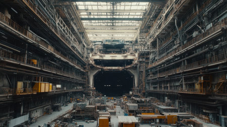 This image showcases a vast industrial warehouse interior, highlighting steel structures and spacious designs. Natural light floods in, creating a dynamic atmosphere.の素材