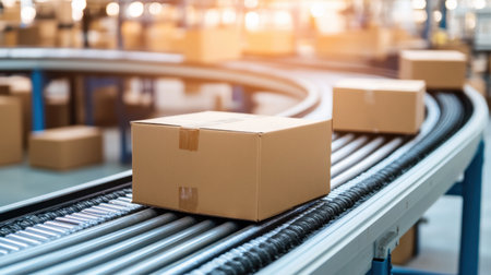 This image showcases brown cardboard boxes moving along a conveyor belt in a modern warehouse, highlighting the importance of logistics in e-commerce.の素材