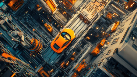 A striking orange car navigates an intricate urban environment alive with bright lights and modern structures, showcasing a vibrant city life and innovation.の素材