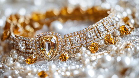 This exquisite jewelry piece features a luxurious arrangement of golden tones, sparkling diamonds, and lustrous pearls, ideal for enhancing elegance at any special event.の素材