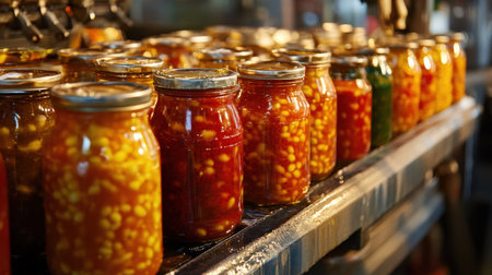 A vibrant display of glass jars filled with preserved vegetables and fruits, showcasing the beauty of home canning and sustainable cooking practices.の素材