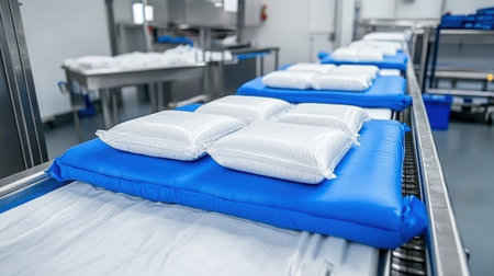 A sleek image showcasing neatly arranged white powder bags on blue pallets within a modern warehouse setting, emphasizing organization and efficiency.の素材