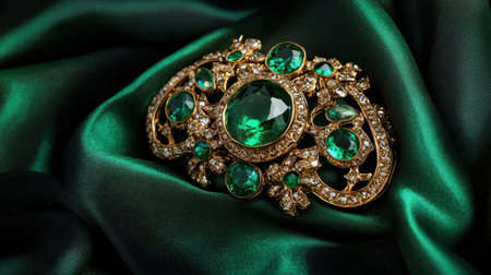 This exquisite vintage brooch features lush green gemstones set in intricate gold detailing, beautifully displayed on soft green silk fabric. Perfect for adding elegance to any outfit or collection.の素材