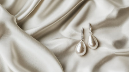 Stunning pearl earrings displayed on luxurious satin fabric, capturing the essence of elegance and sophistication in jewelry design and perfect for special occasions.の素材