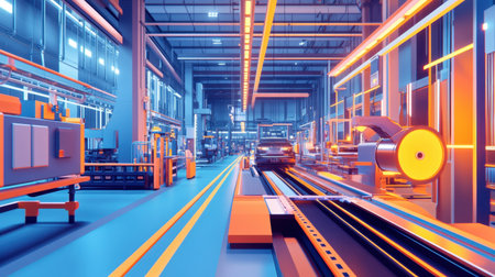 Explore a vibrant industrial factory interior featuring advanced technology and automated machinery designed for streamlined production processes and efficiency.の素材