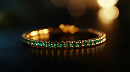 A stunning gold bracelet adorned with vibrant green stones, captured against a dark background with soft bokeh lights, perfect for showcasing elegance and luxury.の素材